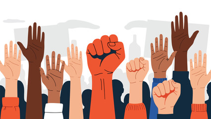 Vector art of raised hands holding peace, equality, and freedom symbols during a powerful social justice demonstration, expressing unity, activism, and collective empowerment in an urban setting