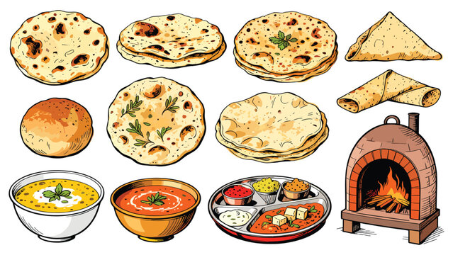 Indian food illustration. Various types of naan bread. Tandoor oven. Bowls of sauce and curry. Flatbreads and snacks on white background. Vector