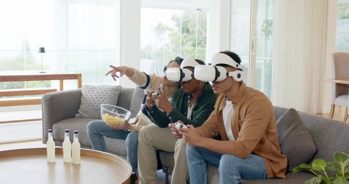Upon donning headsets diverse male pals grabbing gamepads munching chips and directing play on sofa