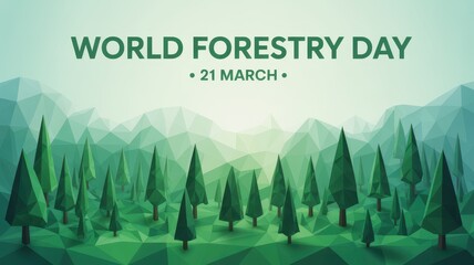 World forestry day celebration with green forest and mountain graphic