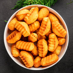 Madeleine sweet biscuit dessert tasty snack fresh delicious gourmet food table setting rustic food top view copy space