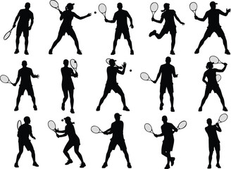 Tennis player icon set, black silhouette figures with rackets in dynamic sports poses, cad drawing flat vector illustration