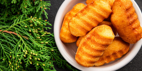 Madeleine sweet biscuit dessert tasty snack fresh delicious gourmet food table setting rustic food top view copy space