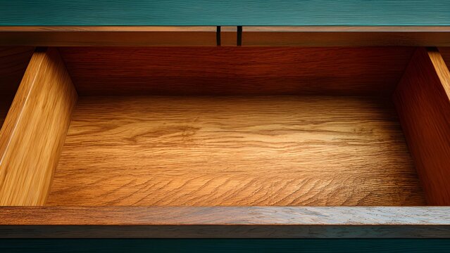 Desk sideboard drawers. Open, empty wooden drawer desk storage. 