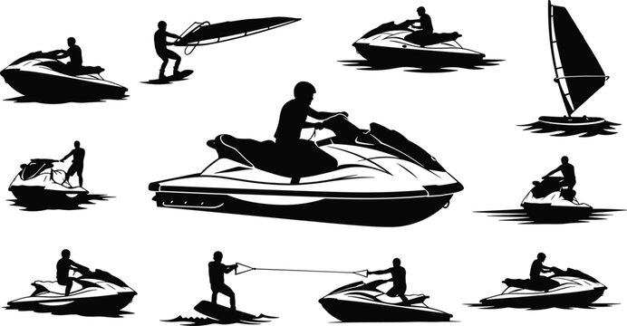 Water sports icon set, jet ski, wakeboard, windsurf silhouette collection for summer recreation, cad drawing flat vector illustration
