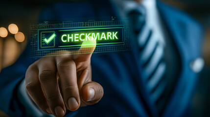 Businessman hand touching digital checkmark icon confirming approval success and completion in modern office environment close up professional confident technology concept