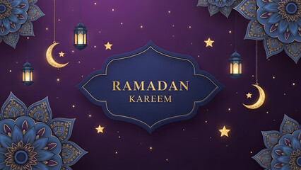 Ramadan kareem greeting with crescent moon lanterns and stars