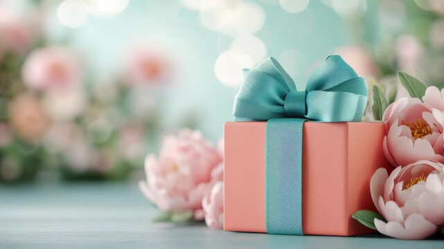 Pink gift box with teal ribbon sits on a muted wooden surface among soft peony blooms and gentle bokeh background, with empty space to the left available for text or layout elements for designers