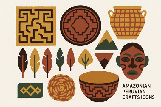 Amazonian Peruvian crafts vector icons in torn textured geometric grid on white background