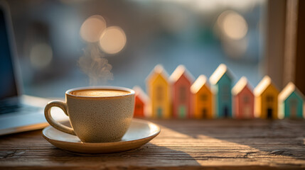 Warm morning light shines on steaming cup of coffee on wooden desk, with colorful miniature houses in background, evoking cozy and hopeful first time buyer moment