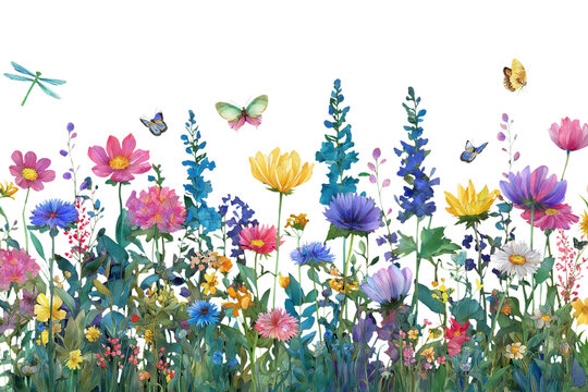 Colorful Hand Drawn Watercolor Wildflower Meadow with Butterflies