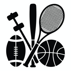 Sports equipment icons including football basketball bat racket and dumbbell