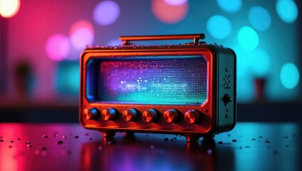 Retro glowing radio with vivid neon lights and futuristic bokeh