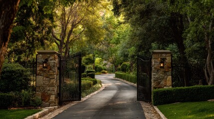 Welcoming Entrance of a Private Neighborhood: Greenery, Lawn, and Elegant Gate