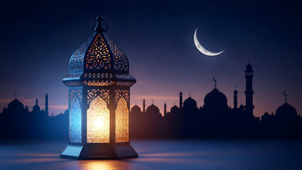 Illuminated ramadan lantern with crescent moon and starry sky at dusk
