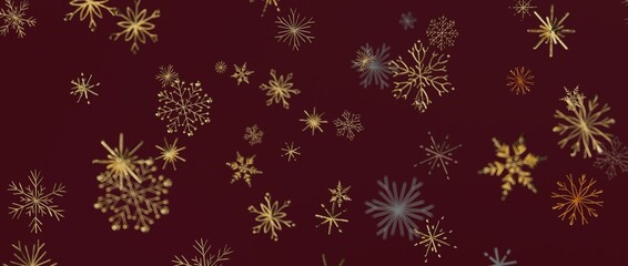 Stunning winter background features golden snowflakes on a rich burgundy backdrop, perfect for holiday greetin