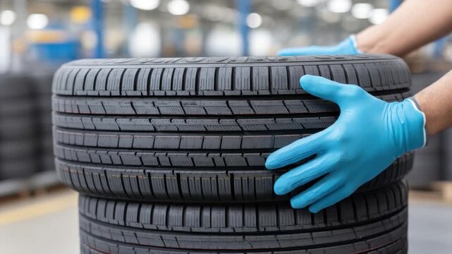 Close-up of Gloved Hands Handling Brand New Car Tires in a Modern Warehouse Environment for Automotive Purposes 4k video footage