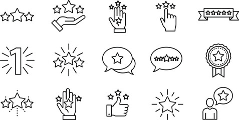 Minimalist Star Rating and Review Line Art Icon Set, Customer Feedback, Quality, Excellence, Ranking, and Testimonial Vector Graphic Collection