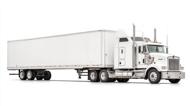 White heavy-duty tractor-trailer truck isolated on a pure white backdrop