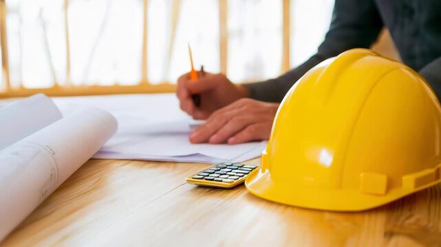 Architect planning construction with helmet blueprint calculator on wooden desk engineering safety gear project planning contractor workplace focus