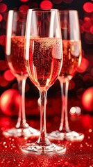 Three glasses with festive cocktail drink on red bokeh background.