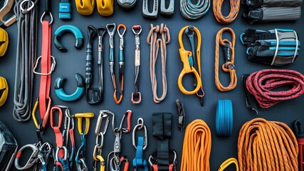 Close up of rock climbing gear and equipment laid out on a dark surface for inspection