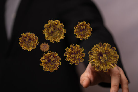 Artistic depiction of viruses interacting with a human finger, symbolizing scientific concepts and health issu