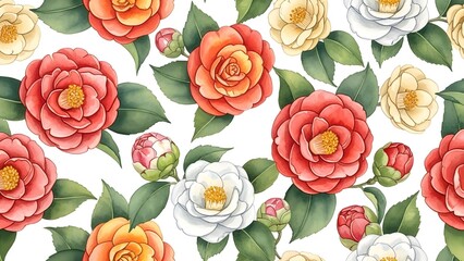 Watercolor camellia flowers seamless pattern with green leaves on white background