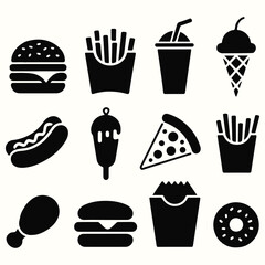 Black and white fast food icons including burgers and fries
