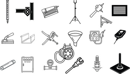 Comprehensive vector collection featuring essential industrial, construction, and mechanical tools in a clean line art style. Ideal for technical design, engineering diagrams, and workshop concepts