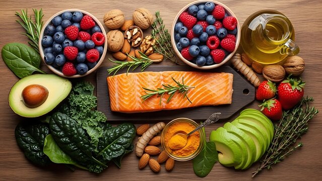 salmon, berries, nuts, avocado, and leafy greens