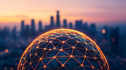 A glowing globe with a network pattern sits in the foreground, overlooking a city skyline at sunset, creating a blend of technology and urban beauty.