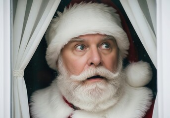Santa Claus Peeking Through White Curtains in Festive Holiday Window Scene, Cozy Christmas Eve
