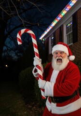 Angry Santa Claus Holding A Giant Candy Cane At Night