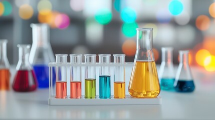A collection of colorful liquids in glass test tubes and flasks, set against a blurred background of vibrant bokeh lights.