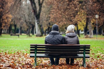 Couple sits on bench in park during autumn season