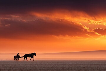 Horse and cart travel during sunset in open field