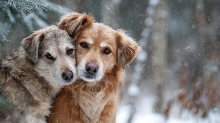 Winter mood: a pair of dogs cuddling in fresh snow, a symbol of companionship
