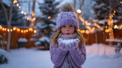 Winter magic: a young girl makes a Christmas wish as snow flurries swirl