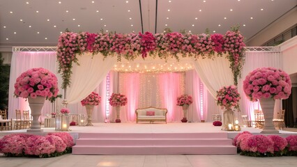 Wedding stage with pink flowers.
