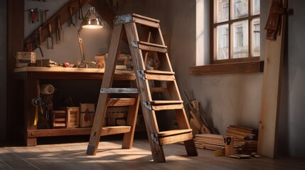 Wooden ladder leaning against a sunlit workshop wall with nearby tools