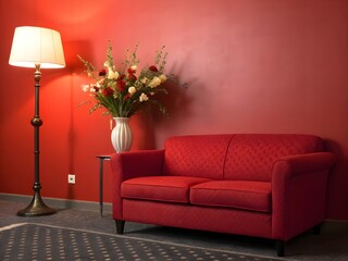 Modern living room with red sofa, lamp and vase on red wall background.
