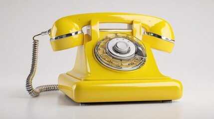 Yellow vintage rotary dial telephone on white background, 3D illustration
