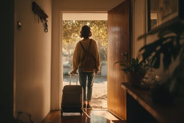 Obraz premium Young adult stepping out of a cozy apartment into the morning light, starting a new chapter