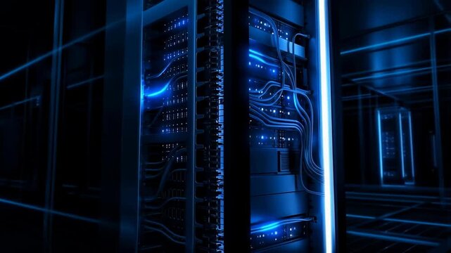 Futuristic data center with glowing blue server racks and flowing sync pulses showing cloud synchronization