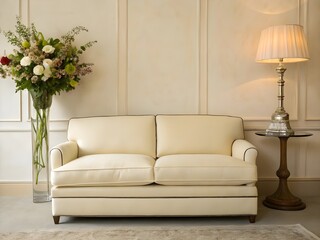 Modern living room with cream sofa, lamp and vase on cream wall background.

