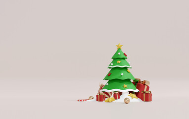 3d render of christmas text with pine trees and gifts on white snow background
