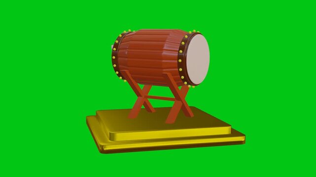 3D animation of traditional beduk drum rotating on golden podium, Green screen chroma key background for video editing, Ramadan and Eid Mubarak themed visual element.