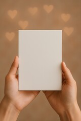 Obraz premium Hands holding a blank white square card with a warm textured background and subtle light effects creating an inviting atmosphere
