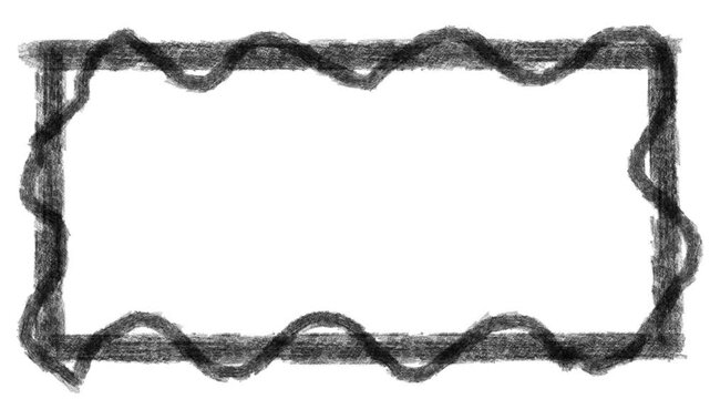 Hand drawn black charcoal rectangular border with rough artistic pencil sketch texture on clean white background surface